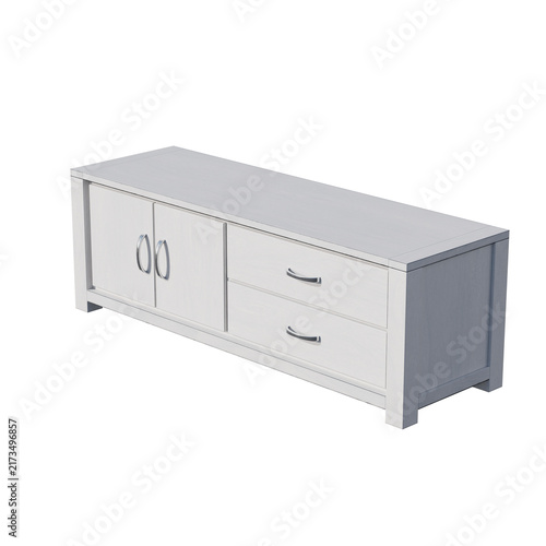 Modern white wooden TV stand with two doors and two drawers isolated on white background.