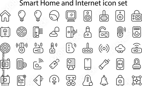 Smart Home And Internet Line Art Icon Set, Home Automation, Wireless Network, IoT Devices, Digital Connectivity, Internet Technology And Connected Home Symbols