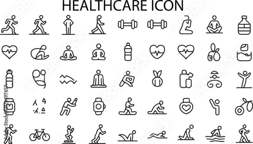 Healthcare Wellness And Fitness Line Art Icon Set, Healthy Lifestyle, Medical Care, Exercise, Yoga, Heart Health, Nutrition And Personal Wellness Symbols
