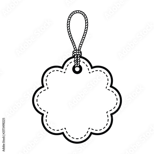 Blank Scalloped Flower Price Tag Vector Design - Black and White Stitched Flower Hanging Label Icon with String Loop for Retail, Product Packaging, and Gift Tagging