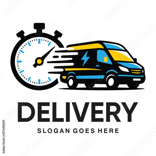 Fast Express Delivery Van Logo Design - Blue and Yellow Speed Stopwatch Van Vector Icon for Courier, Logistics, and Shipping Services
