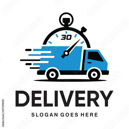30 Minute Fast Express Delivery Truck Logo Design - Blue Speed Stopwatch Truck Vector Icon for Courier, Logistics, and Express Shipping Services