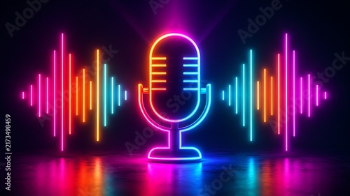 Pink  and blue neon chrome microphone with red sound waves against a blue background, creating a bold modern podcast and broadcasting concept.