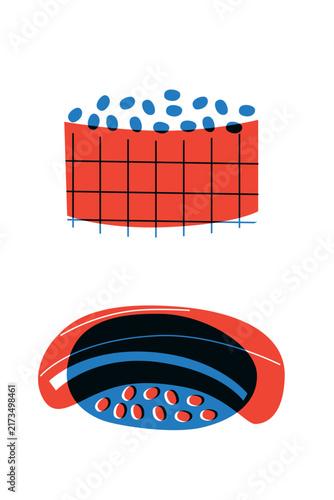 Sushi and rolls collection. Decorative abstract horizontal banner with colorful doodles. Hand-drawn modern illustrations with sushi and rolls abstract elements. Asian cuisine