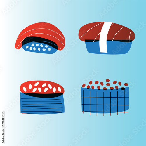 Sushi and rolls collection. Decorative abstract horizontal banner with colorful doodles. Hand-drawn modern illustrations with sushi and rolls abstract elements. Asian cuisine