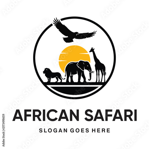 African Safari Wildlife Logo Design - Circular Lion, Elephant, Giraffe, and Eagle Silhouette Vector Icon with Sunset for Travel, Nature Reserve, and Adventure Tourism