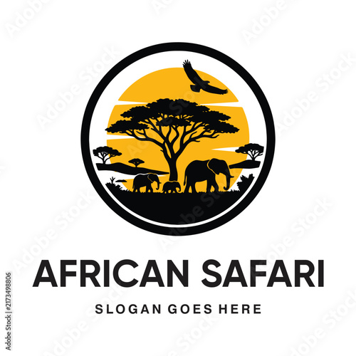 African Safari Elephant Family Logo Design - Circular Acacia Tree and Sunset Silhouette Vector Icon with Flying Bird for Travel, Nature Reserve, and Adventure Tourism