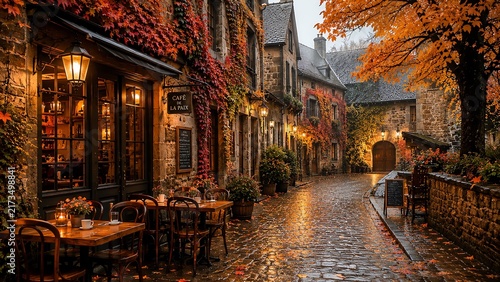 Cozy autumn street with cobbled paths, quaint cafe and colorful trees, creating a chilled lofi atmosphere for relaxing video backgrounds.