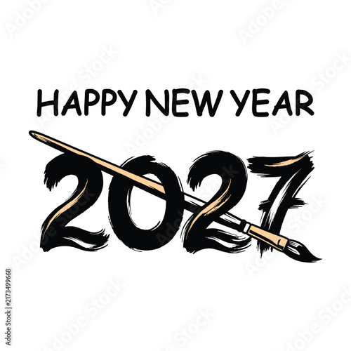 Happy New Year 2027 Paint Brush Logo Design - Black Artistic Calligraphy Typography Vector Icon with Paintbrush for Art Studio, Design, and Event Branding