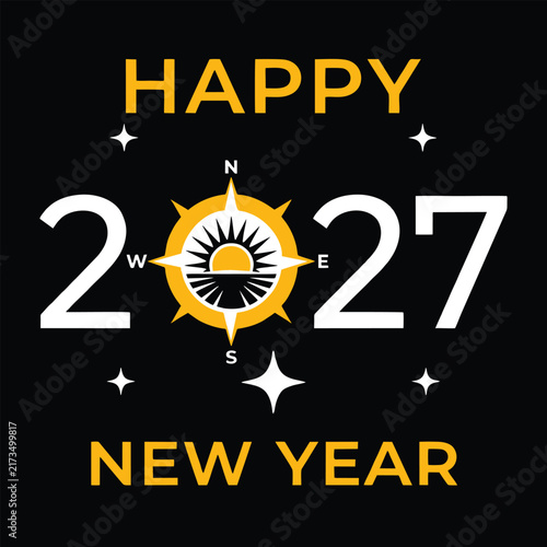 Happy New Year 2027 Compass Logo Design - Yellow and White Sunburst Navigation Vector Icon for Travel, Adventure, and New Beginnings