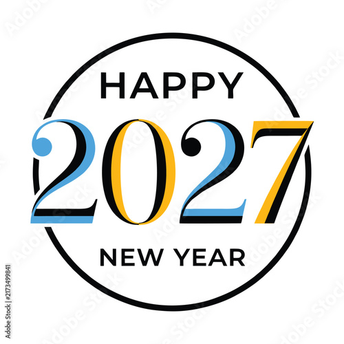 Happy New Year 2027 Circular Logo Design - Elegant Blue, Gold, and Black Serif Typography Vector Icon for Corporate Celebration, Event Branding, and Greeting Cards