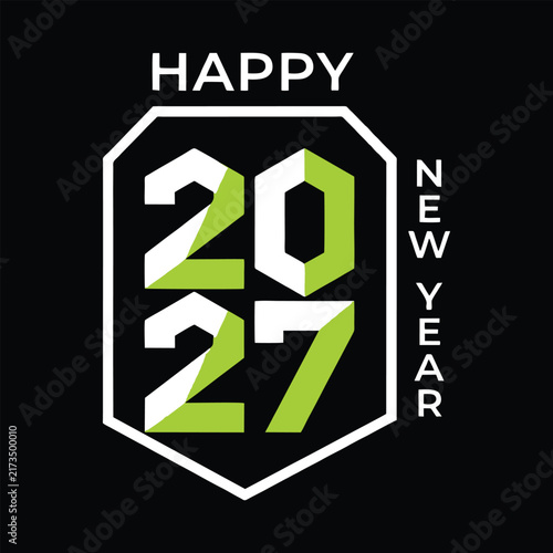 Happy New Year 2027 Geometric Shield Logo Design - Modern Green and White 3D Ribbon Typography Vector Icon for Business Celebration and Event Branding