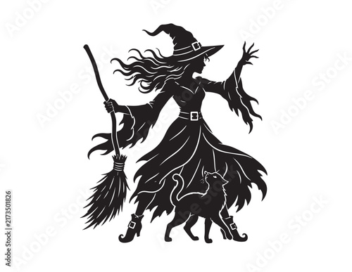 Foto Black silhouette of a creepy Halloween witch holding a broomstick with her black
