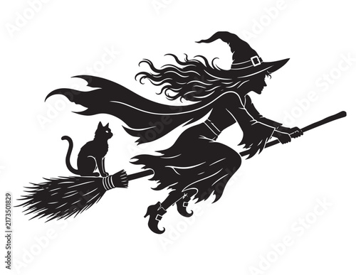 Obraz na płótnie Silhouette vector of a flying witch riding a broomstick with her black cat