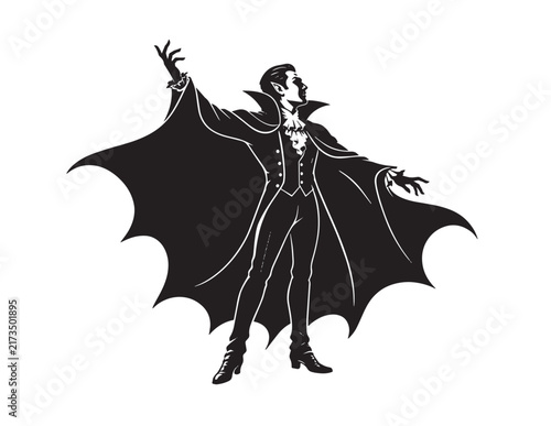Canvas Print Dramatic black vampire silhouette opening cape vector illustration for Halloween decor