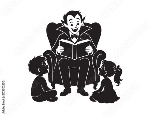 Foto Friendly vampire reading a scary storybook to two happy children in a black silh