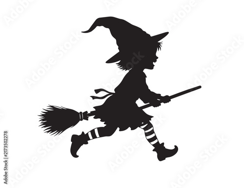 Photography Little witch girl flying on a broomstick silhouette vector illustration for Hall
