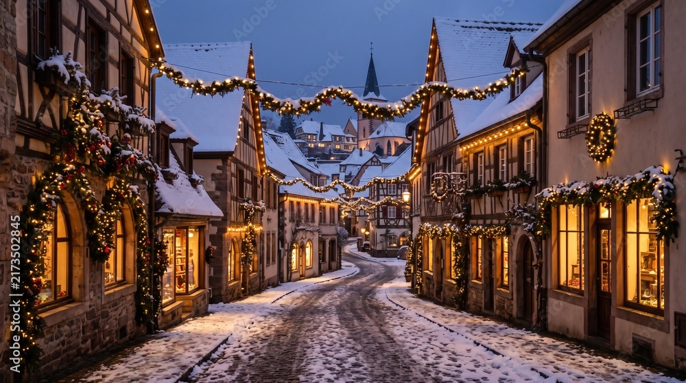 Fototapeta premium Christmas Village Street Snow Cobblestone Lane Strung With Lights Between Half Timbered Houses and an Illuminated Church Spire at Dusk