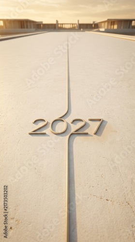 2027 and beyond: The year 2027 etched into a concrete pathway under a golden sky, suggesting future plans and goals.