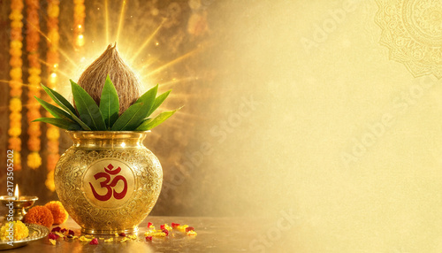 Traditional Hindu Kalash Brass Pot with Coconut and Om Symbol for Spiritual Worship and Festive Religious Celebration Background