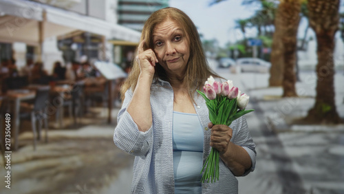 Konstfotografi Senior woman holding a bouquet of pink tulips points a finger toward camera at a street cafe; gentle reproach