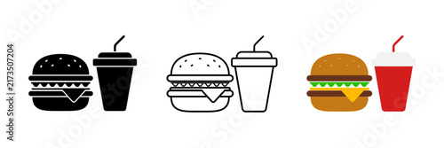 Fast Food Hamburger and Soft Drink Icon Set. Burger, Beverage, and Combo Meal Vector Graphic Symbols Isolated on Transparent Background. Vector Illustration