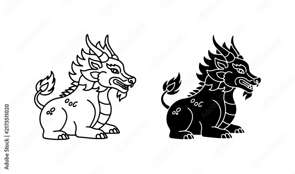 Obraz premium Mythical Creature Vector Art, Chinese Dragon Symbol, Fantasy Beast Illustration, Black and White Icon