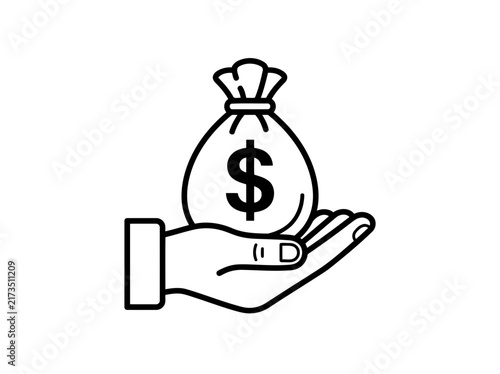 A unique and perfect adult human hand holding a full money bag icon financial concept illustration