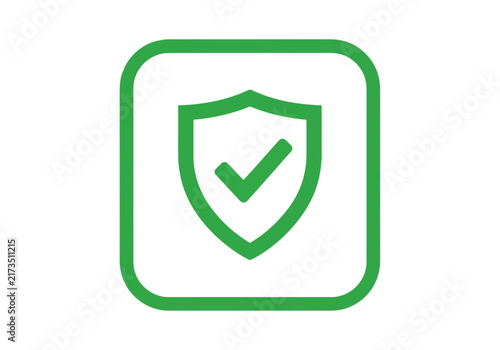 A very important lime green shield icon with perfect lime green check mark symbol inside a rounded square frame