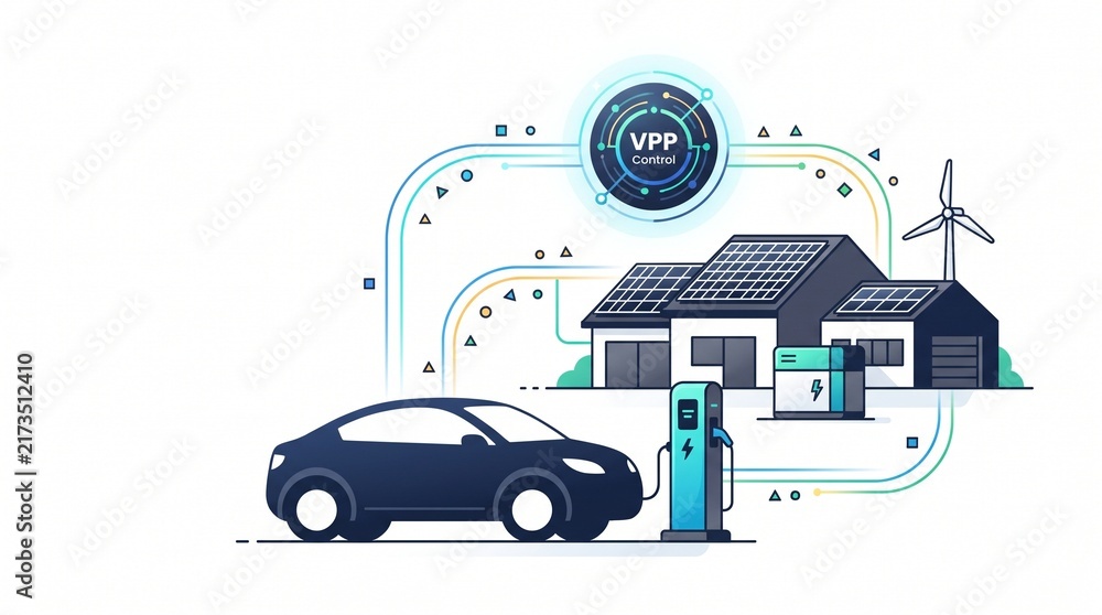 Naklejka premium Virtual Power Plant VPP concept illustration, smart home energy management system, electric vehicle charging with solar and wind power