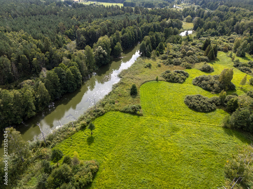 Aerial View of Winding River Through Green Forest and Meadow Landscape