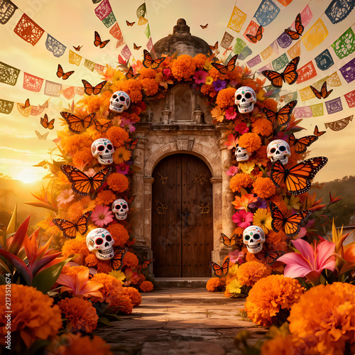 Día de Muertos, Día de los Muertos, tradición mexicana, cultura mexicana, cempasúchil, flor de cempasúchil, mariposa monarca, calavera, calaveras mexicanas, ofrenda, altar, flores, flores naranjas, pa