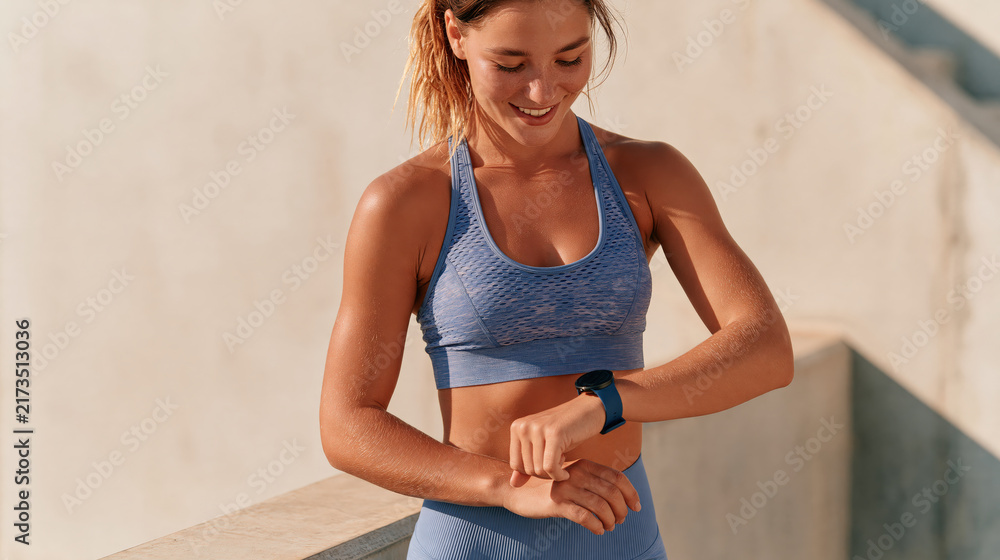 Fototapeta premium Athletic woman checking fitness tracker on wrist