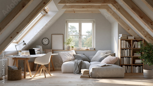 Attic home office with sloped ceilings velux skylight