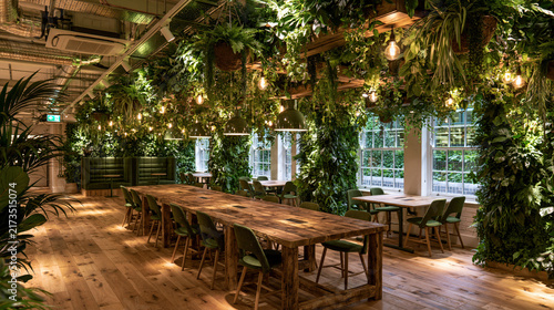 Biophilic co working space lush hanging plants and living
