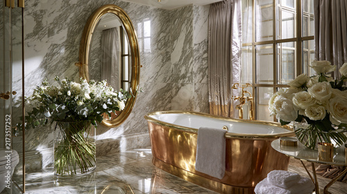 Marble luxury bathroom floor to ceiling veined white marble