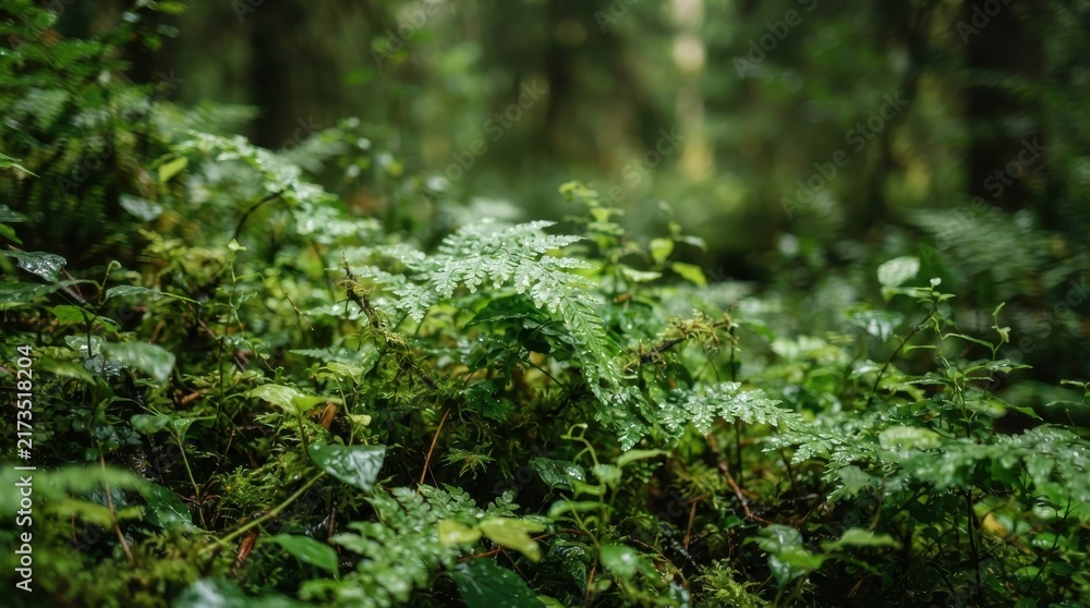 Fototapeta premium Dew drops on lush green ferns in a forest