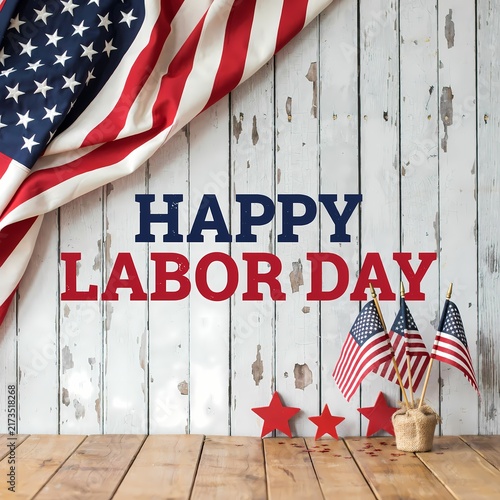 Rustic Labor Day background with American flag draped over white weathered wood planks and small flag decor