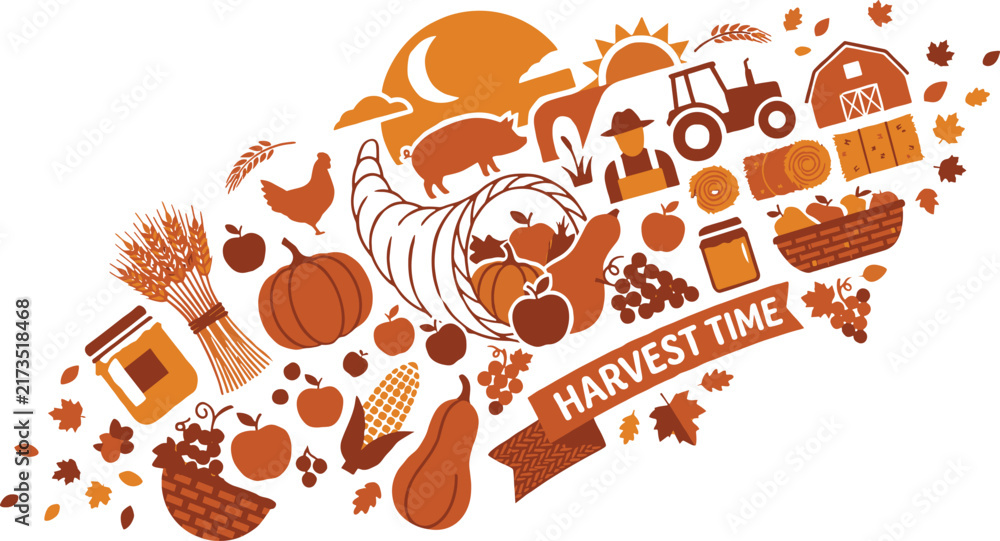 Fototapeta premium Harvest Time Graphic Featuring Farm Produce and Agricultural Icons