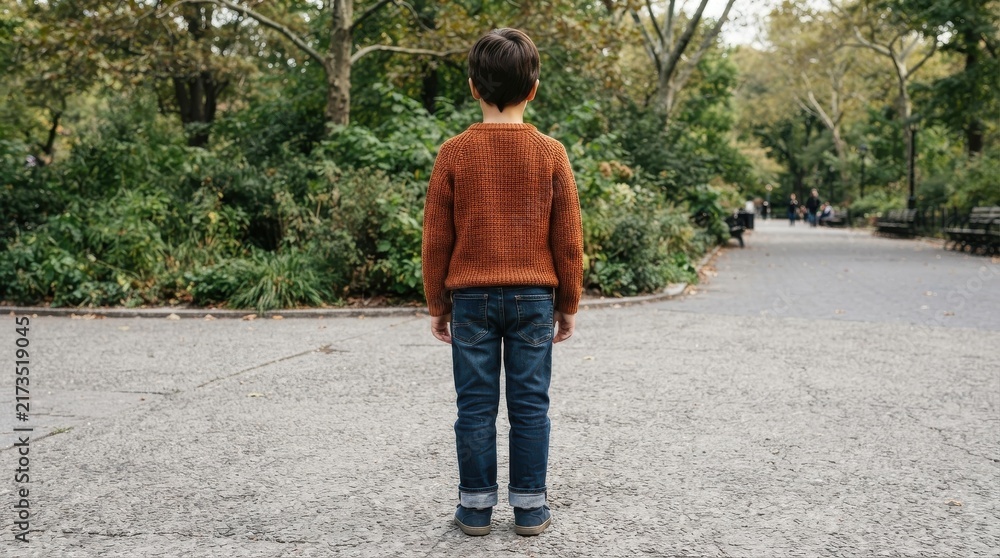 Obraz premium Young boy standing alone facing away in a park pathway