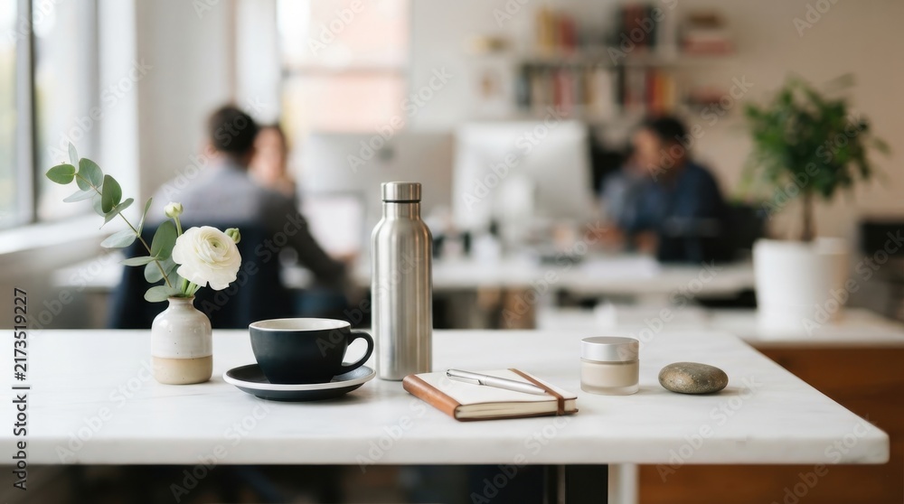 Fototapeta premium Minimalist office desk setup with coffee cup and notebook in workspace