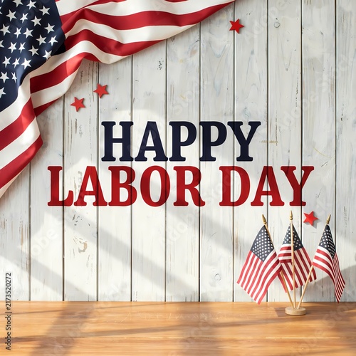 Happy Labor Day greeting on white wood background, American flag and stars patriotic celebration, US holiday banner with red and blue typography, rustic wooden texture with small flags