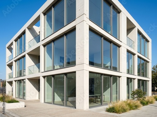 Modern two-story building with large windows and glass doors