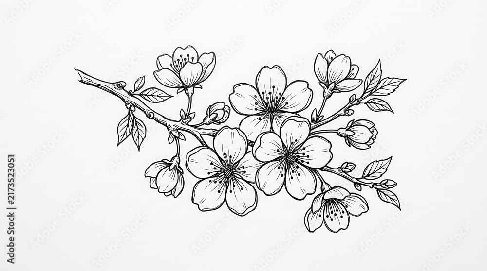Obraz premium Black and white hand drawn cherry blossom branch sketch