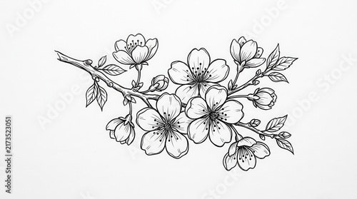 Black and white hand drawn cherry blossom branch sketch