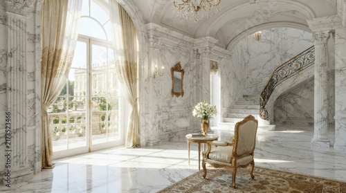 Luxurious classical interior with marble walls and grand staircase