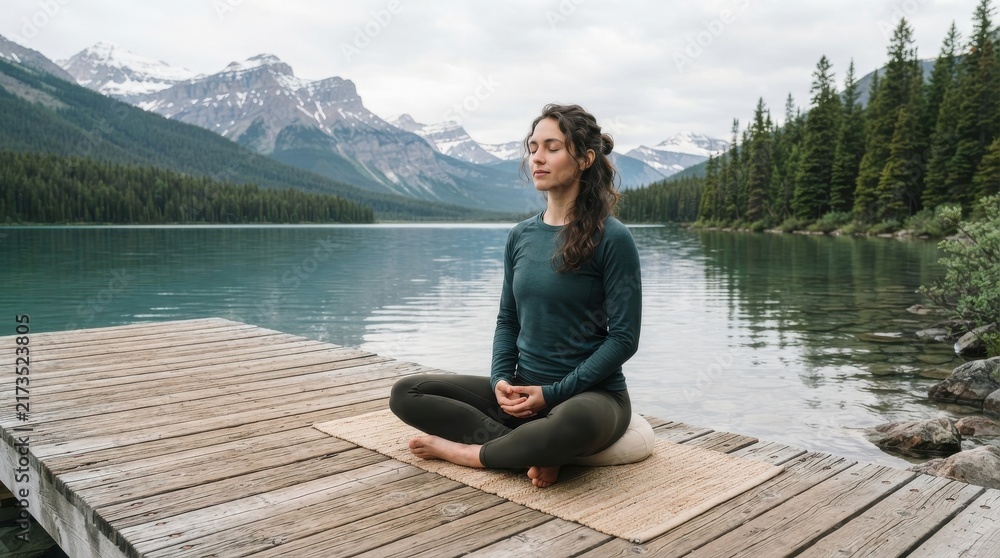 Fototapeta premium Woman meditating in lotus pose on wooden dock by mountain lake