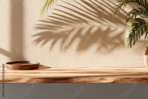 Wooden table top surface with palm leaf shadow on beige wall