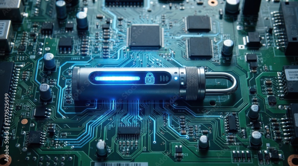 Fototapeta premium Data security concept with digital lock on circuit board