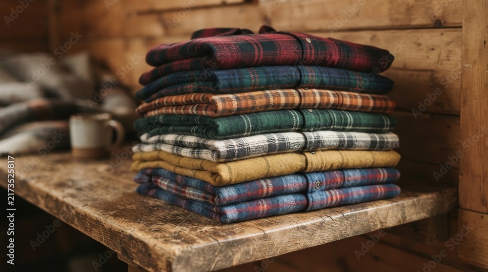 Naklejka premium Stack of colorful plaid flannel shirts on a rustic wooden table